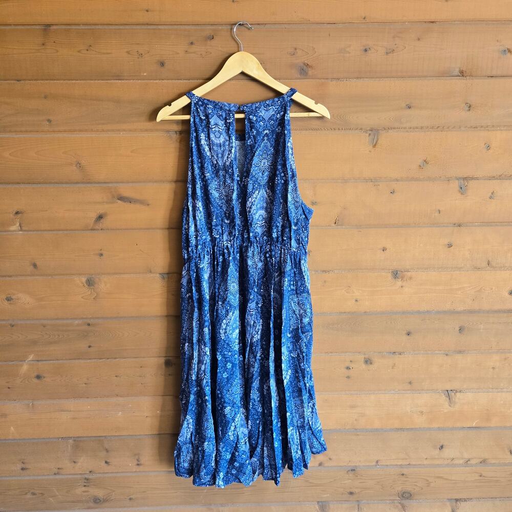 Torrid A-Line Mini Dress Blue Geo 2X Halter High Low Pocket Boho Summer Cottage - Picture 2 of 5